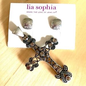 Lia Sophia Silver Cross Pendant and Earrings with Marcasite Gems